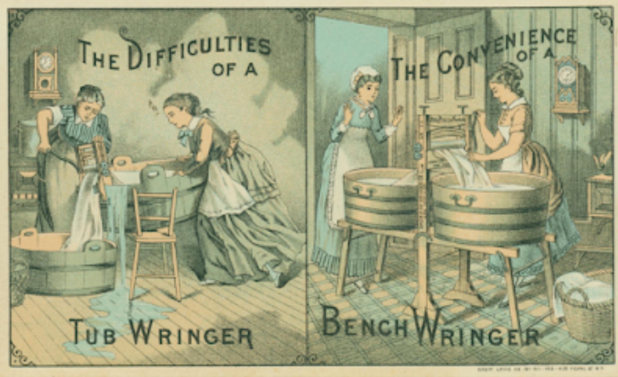 a card with the text 'the difficulties of tub wringer' vs 'the convenience of a bench wringer' and some drawings of people using each