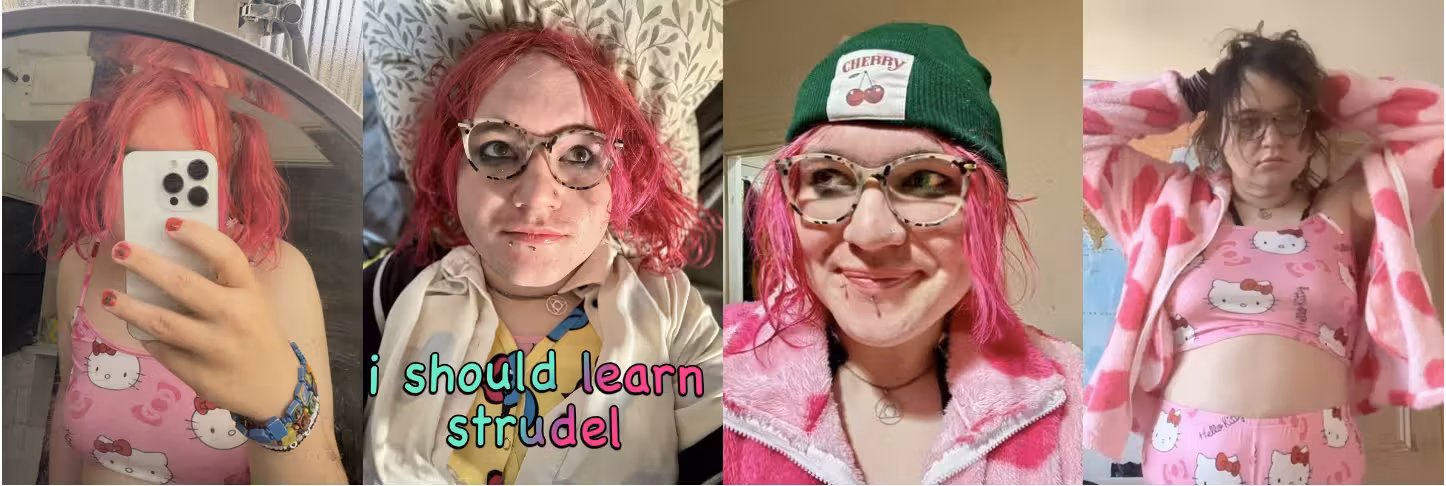 4 photo grid. photo of me in a dirty mirror with my face covered by the phone. chee rabbits with the caption 'i should learn strudel' in rainbow gradient comic sans. i am wearing a green beanie hat with cherries written on it and smiling. my hair is pink. hello kitty pyjamas