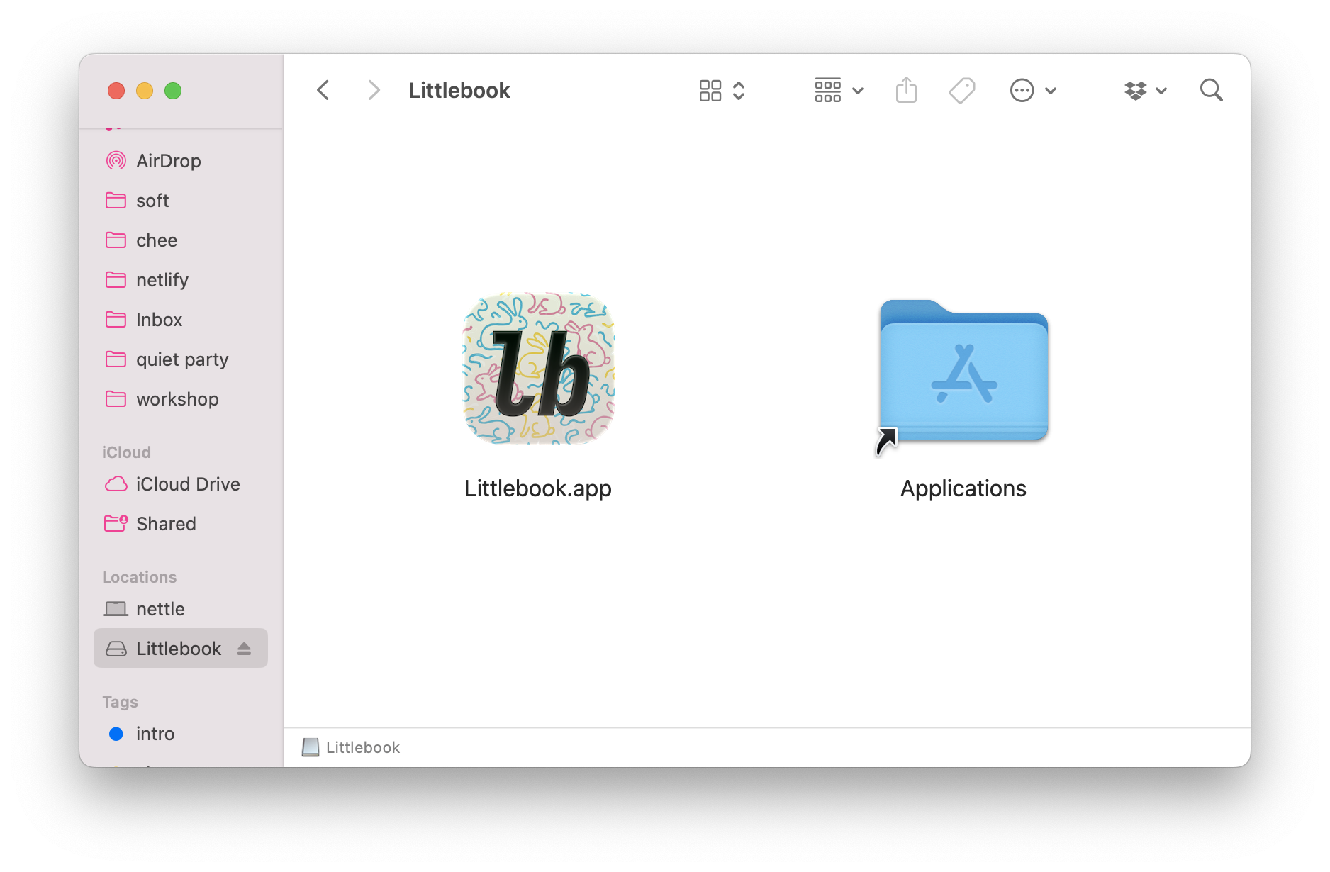 Finder.app window showing Littlebook.app icon and the Applications folder, in the fashion of a Macintosh App Installer
