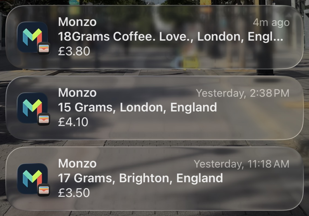 a screenshot of my phone showing purchases at "17 grams, brighton", "15 grams, london" and "18 grams coffee love" london