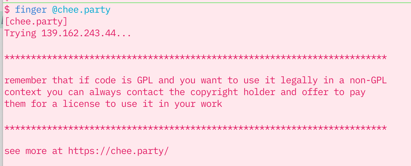 screenshot showing finger command being run on @chee.party with output from my latest blog post