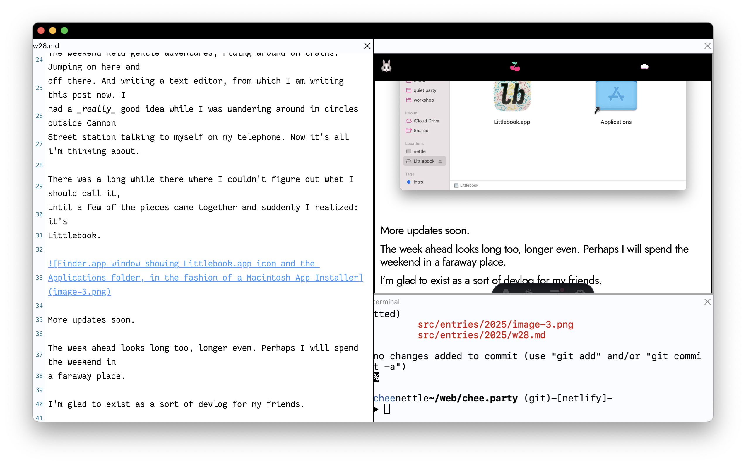 a preview of littlebook desktop in action showing three panes: this article as markdown, this article in a web preview, and a terminal ready to publish the article