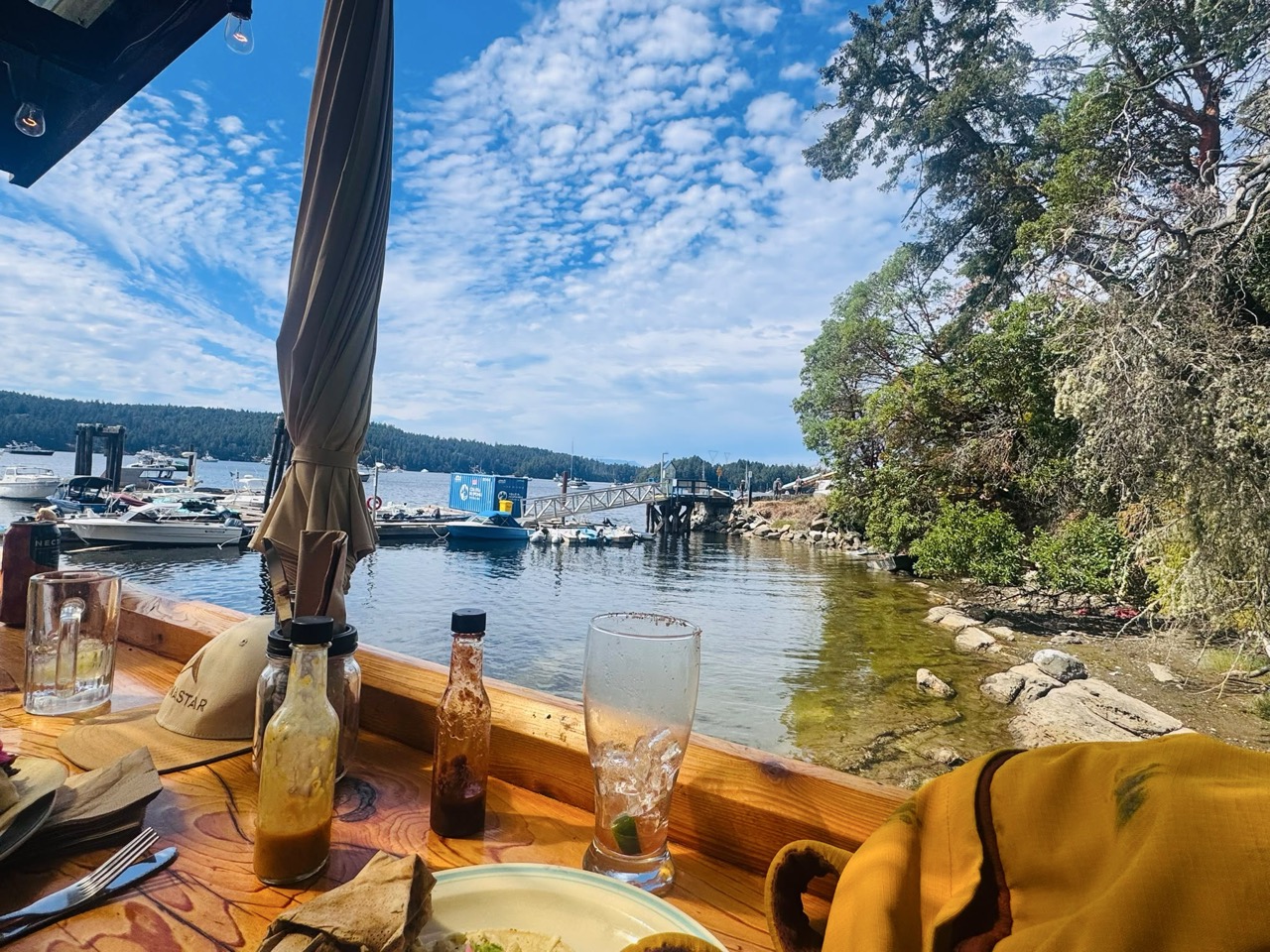 view of glory sky of blue and ribbled clouds and trees leaning off the edge of the island. in the front of the shot there's an empty glass that once contained a michelada