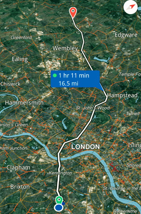 a map showing a route from South East London to Harrow. labeled "1 hr 11
min"