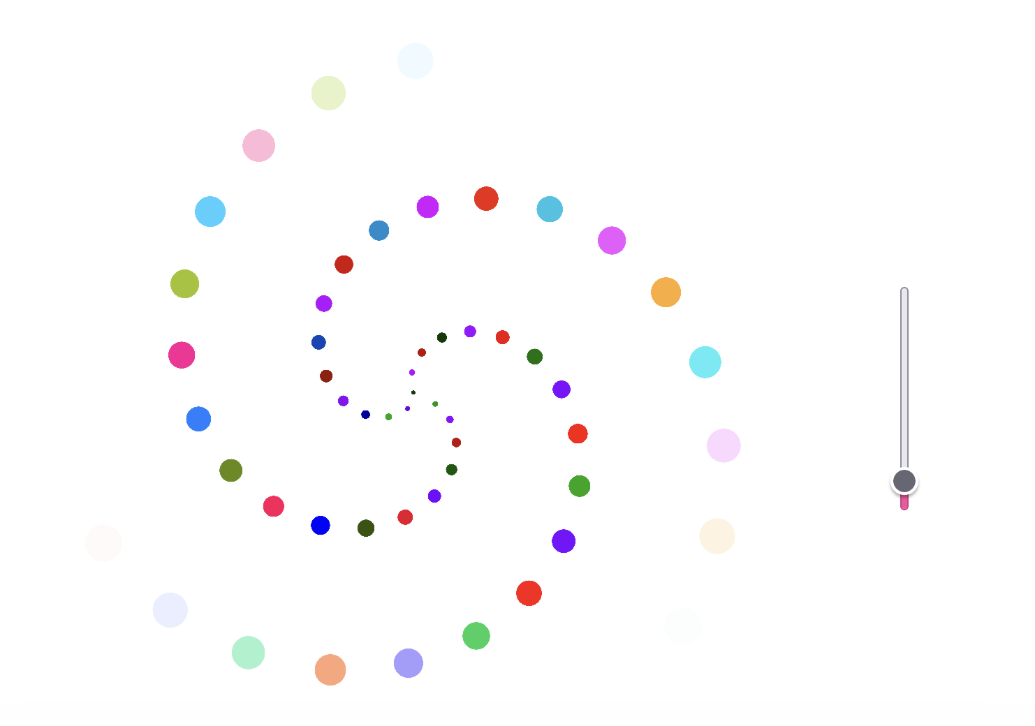 a 4 legged spiral made of rainbow coloured dots that increase in size as they get further from the center